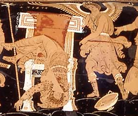Poena/Poine: Atreus, king of Mycenae, sprawls mortally wounded on his throne. [...] To the right of the throne [...] P